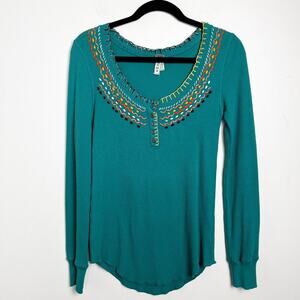 We The Free Money Maker Waffle Knit Henley Top Green Embroidered Medium Nordic